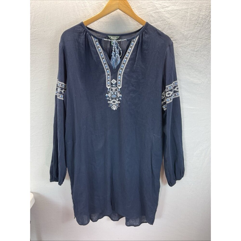 NEW ROOTS Canada Women’s Peasant Dress Size M Navy Blue Embroidered long sleeve